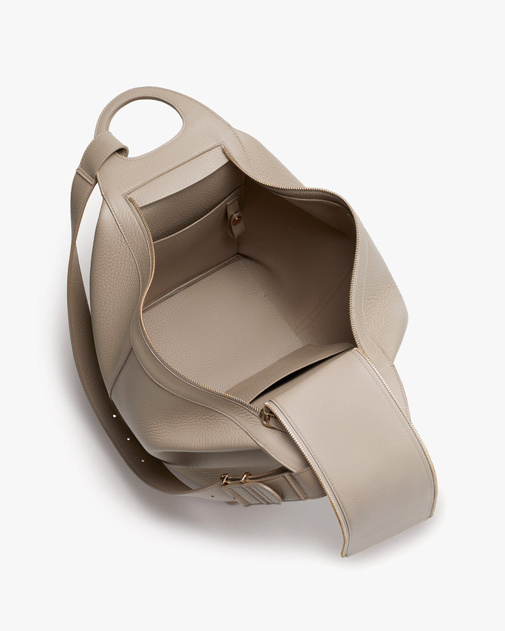 Open handbag viewed from the top with internal compartments visible.