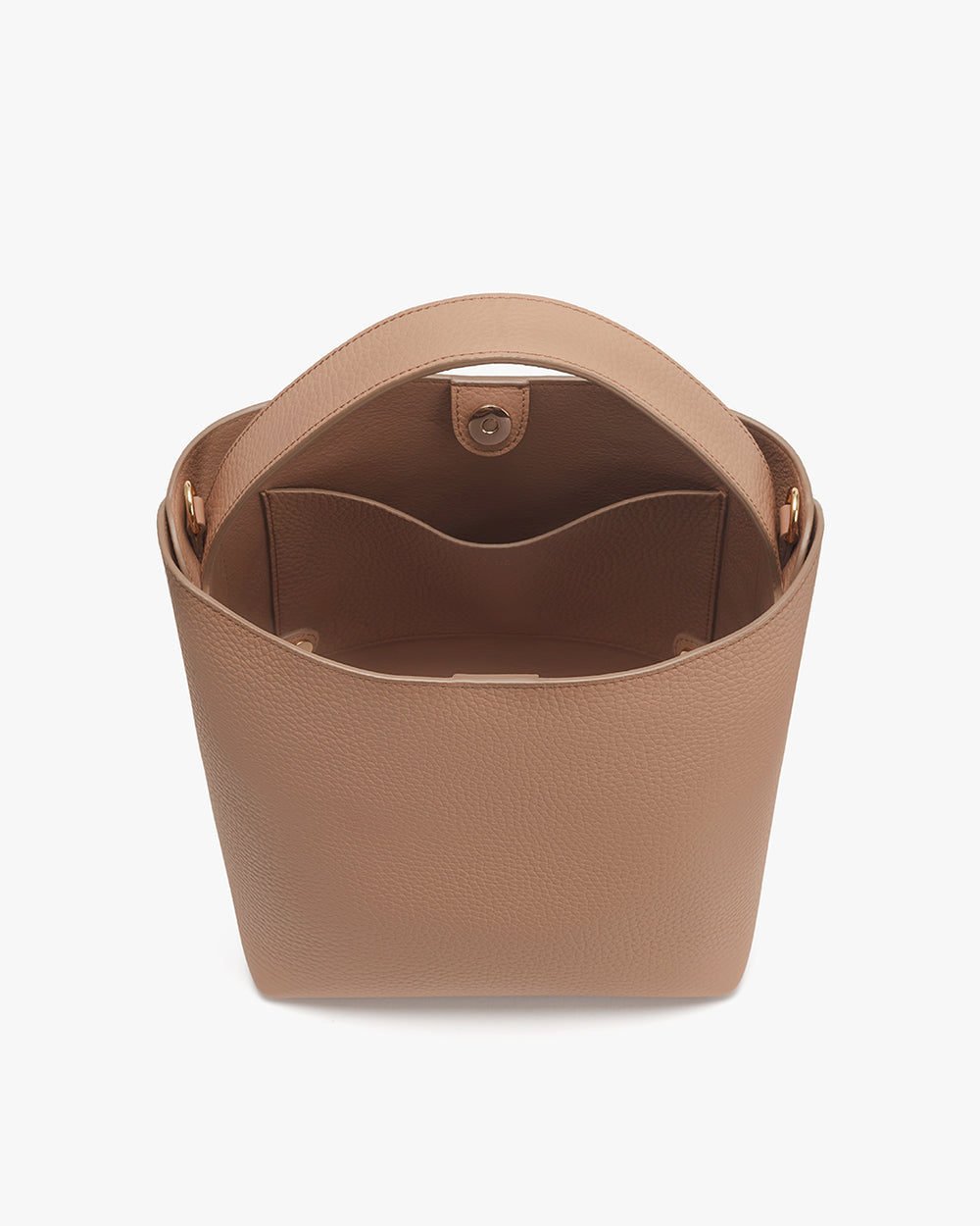 Open handbag with internal compartments visible.