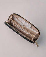 Open zippered wallet with various compartments and a slot for cards.