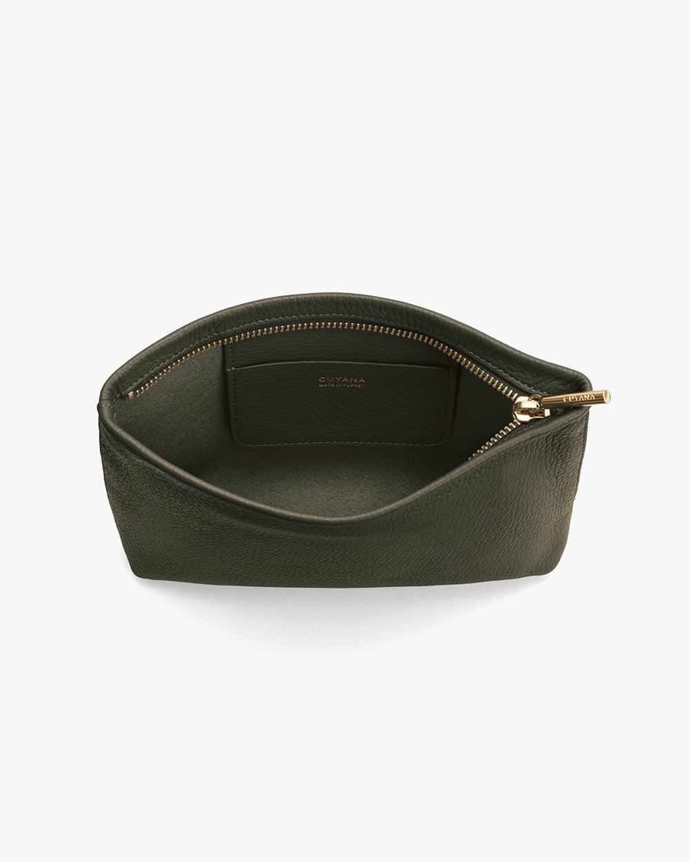 Small zippered pouch with an open interior, displaying inner pocket with branding label.