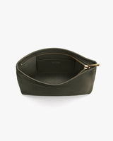 Small zippered pouch with an open interior, displaying inner pocket with branding label.