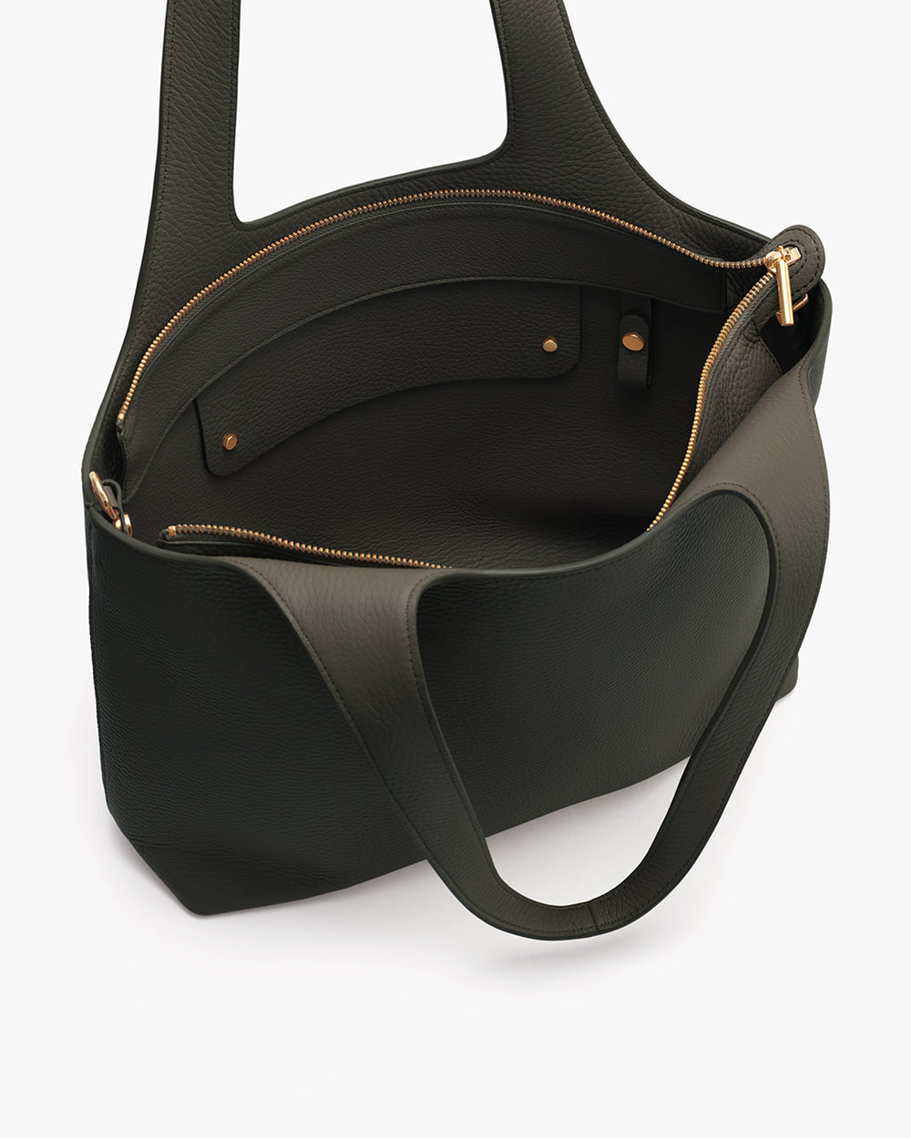 Open tote bag with a zippered inner pocket and two shoulder straps.