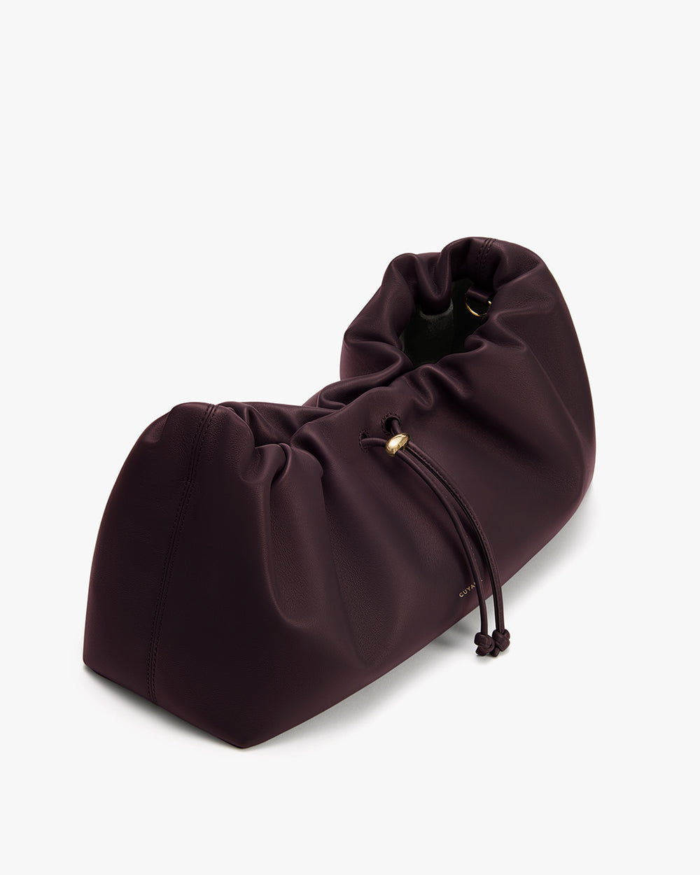 Ruched handbag with drawstring closure.