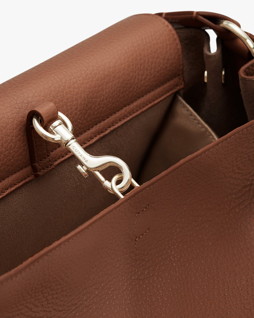 Top view of backpack with metal hook attachment.