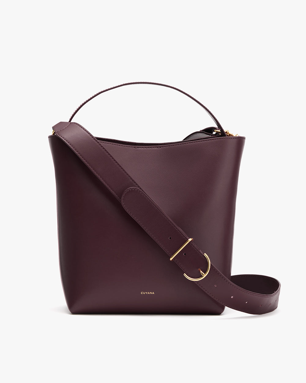 Bucket bag with a handle and adjustable shoulder strap.