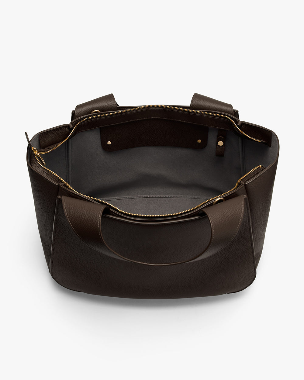 Open tote bag with zippered top and handles shown.