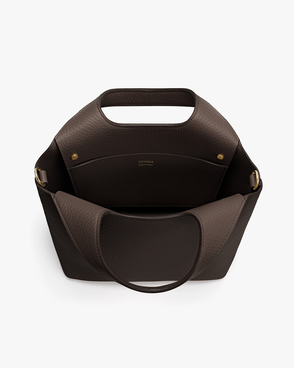 Open handbag with handles and two interior pockets.