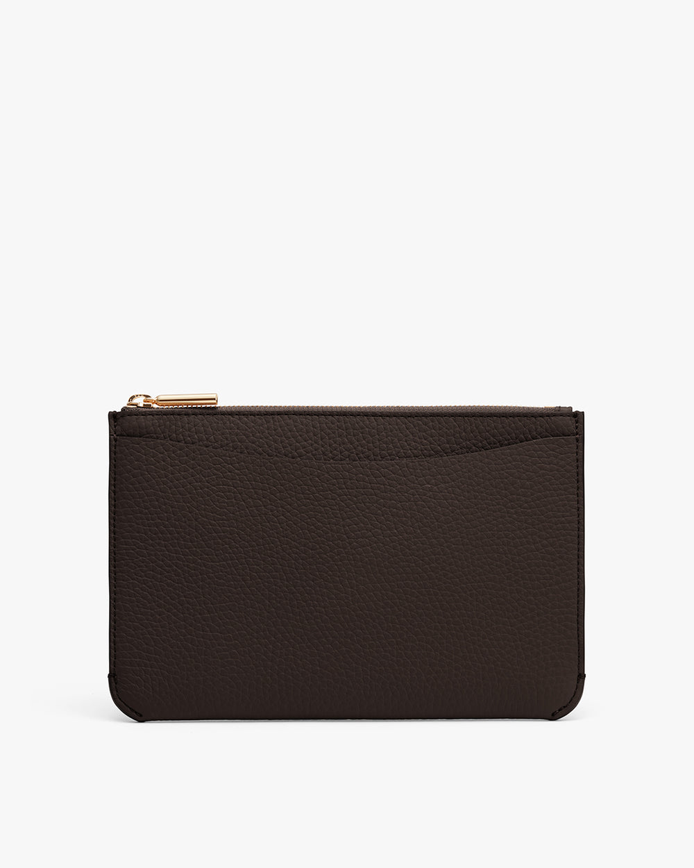 Leather zippered pouch with a card slot on the front.