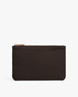 Leather zippered pouch with a card slot on the front.