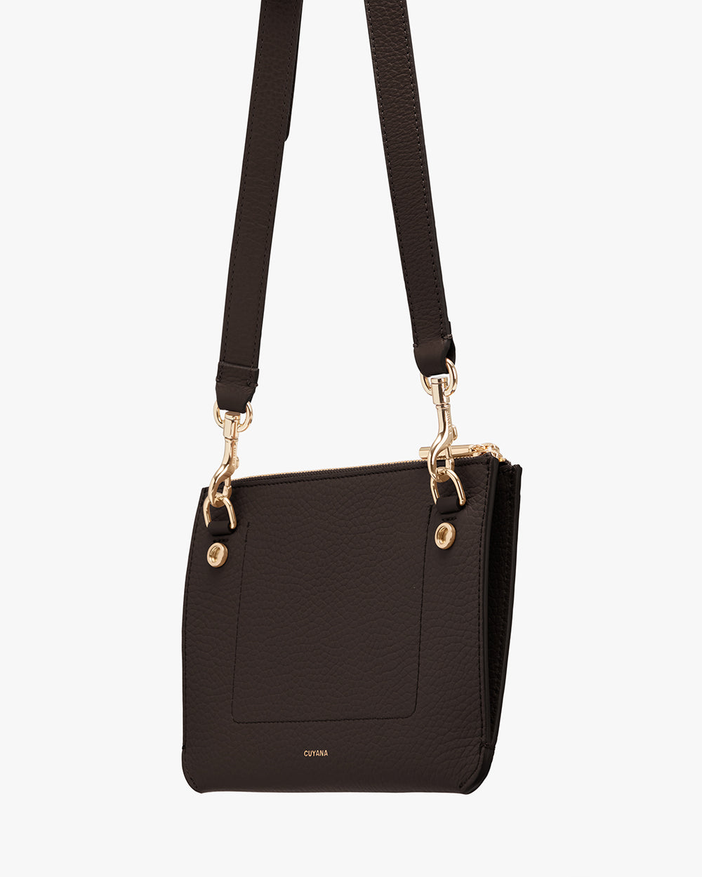 Crossbody handbag with adjustable strap and gold metal fixtures