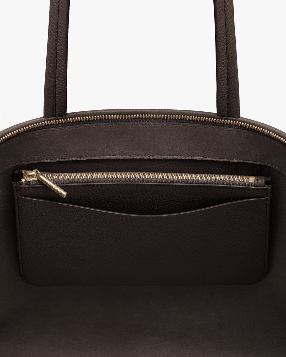 Open handbag with visible inner detachable zipper pouch.