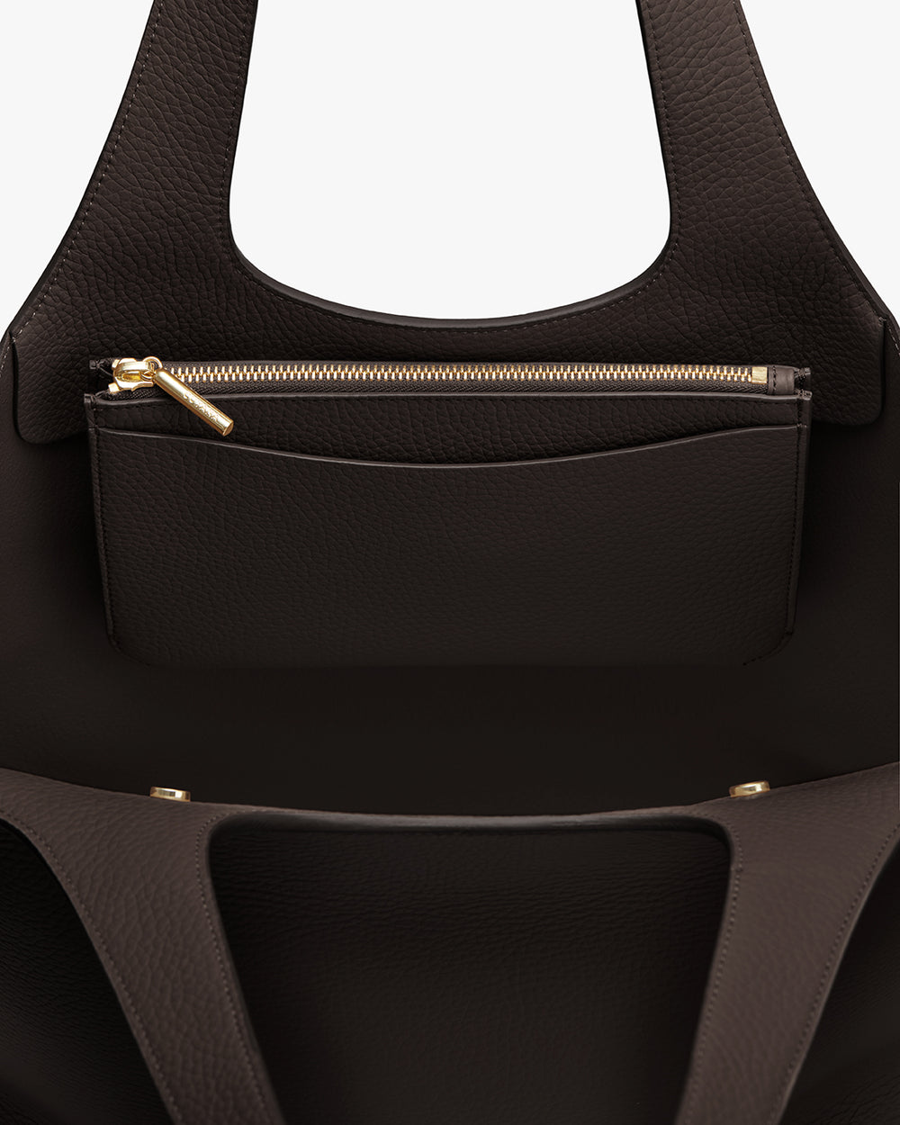 Open handbag with visible inner detachable zipper pouch.