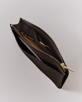 Open pouch with zipper, containing keys and a smartphone.