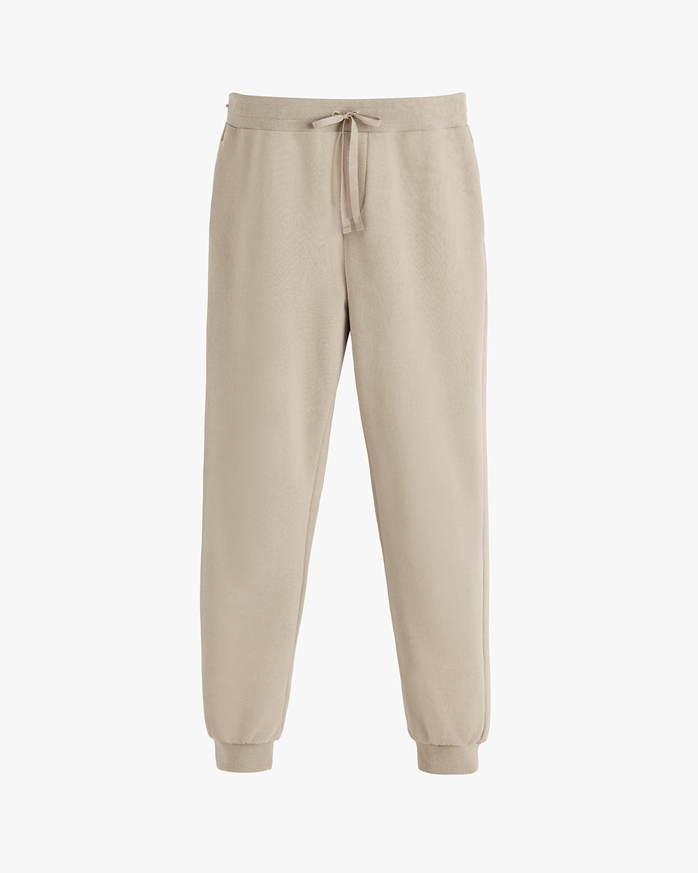 Pair of sweatpants with drawstring waist and cuffed ankles.