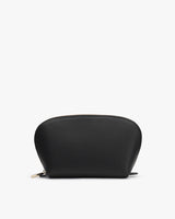 Small textured cosmetic bag with zipper on white background.