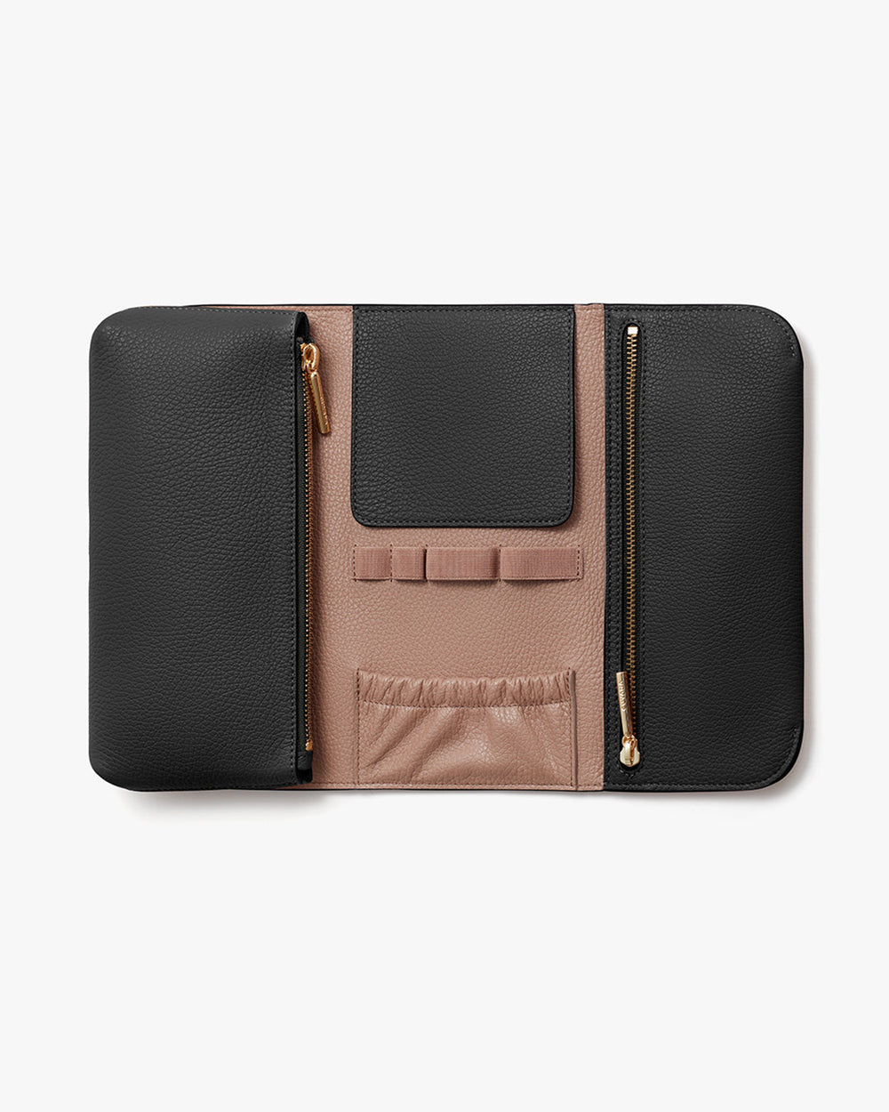 Leather wallet with multiple compartments and zippers on white background.