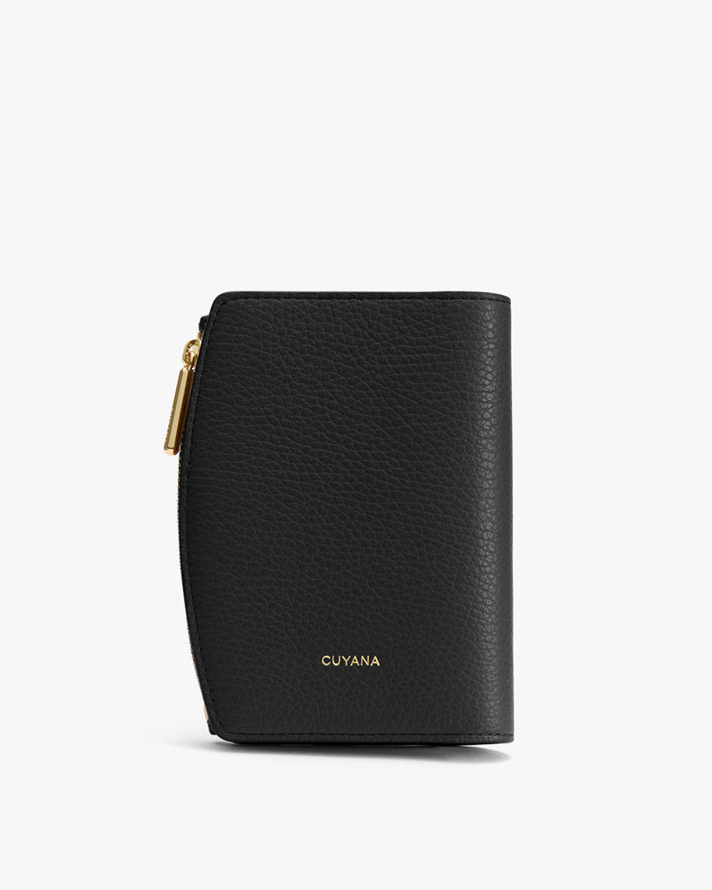 Small textured wallet with a zipper closure and a logo on the front.