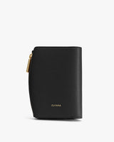 Small textured wallet with a zipper closure and a logo on the front.