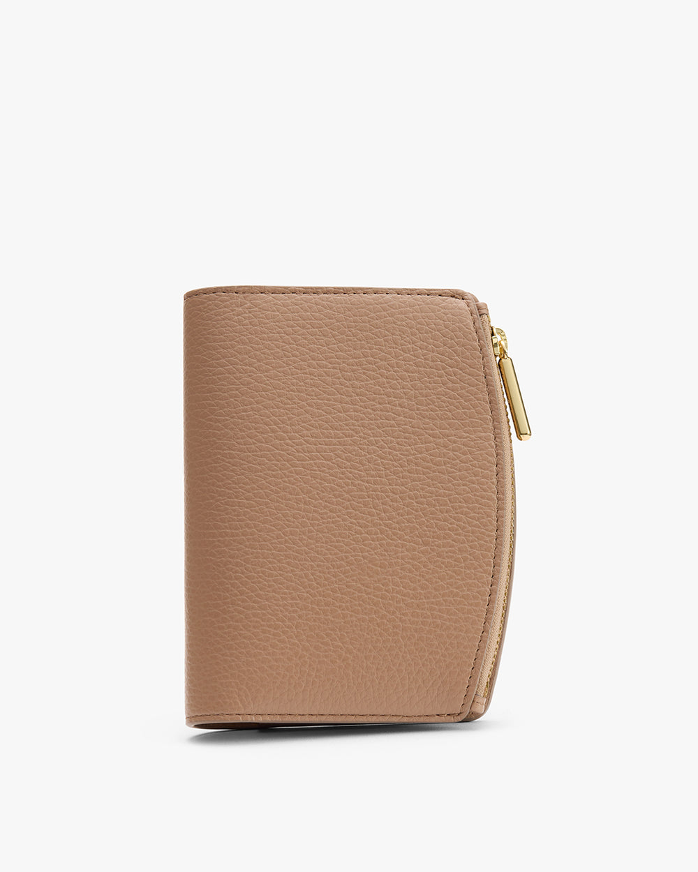 A small leather zippered wallet standing upright.
