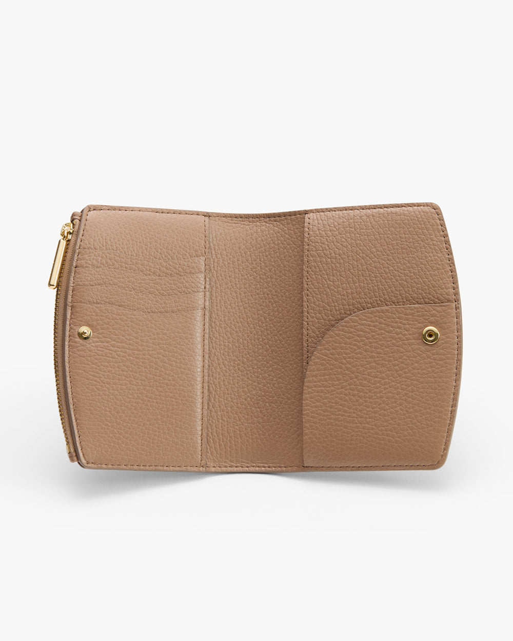 Open wallet with multiple card slots and button closures shown flat on a surface.