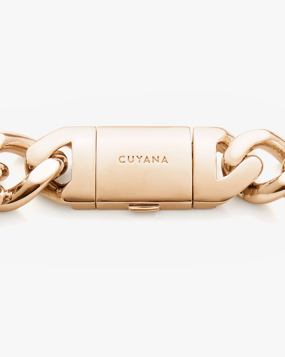 Close-up of a branded clasp on a chain link.