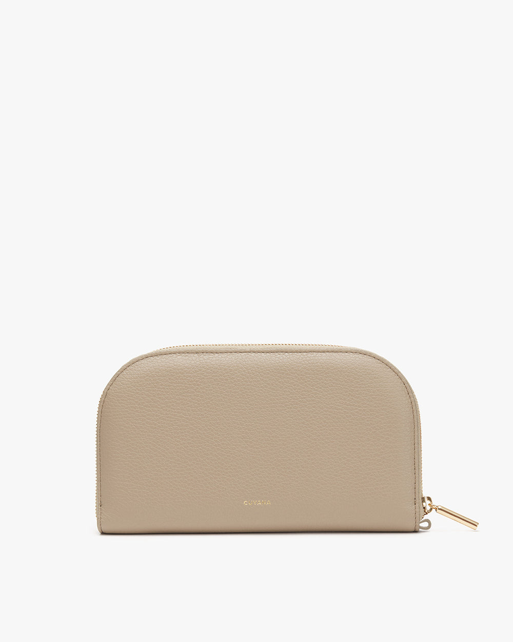 A domed zippered pouch with a brand name on the front.