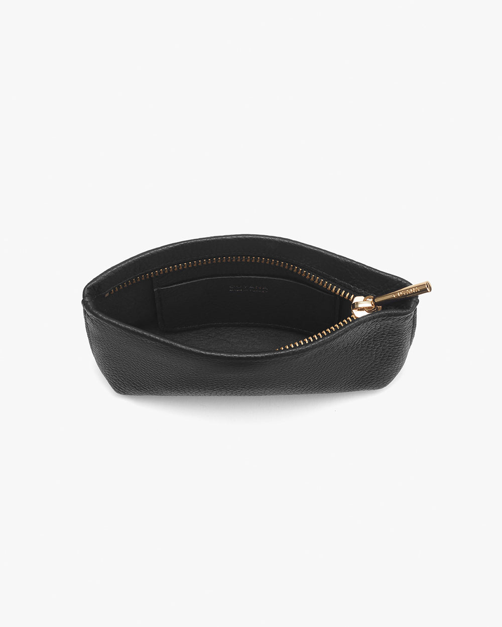 Open small zippered pouch on white background