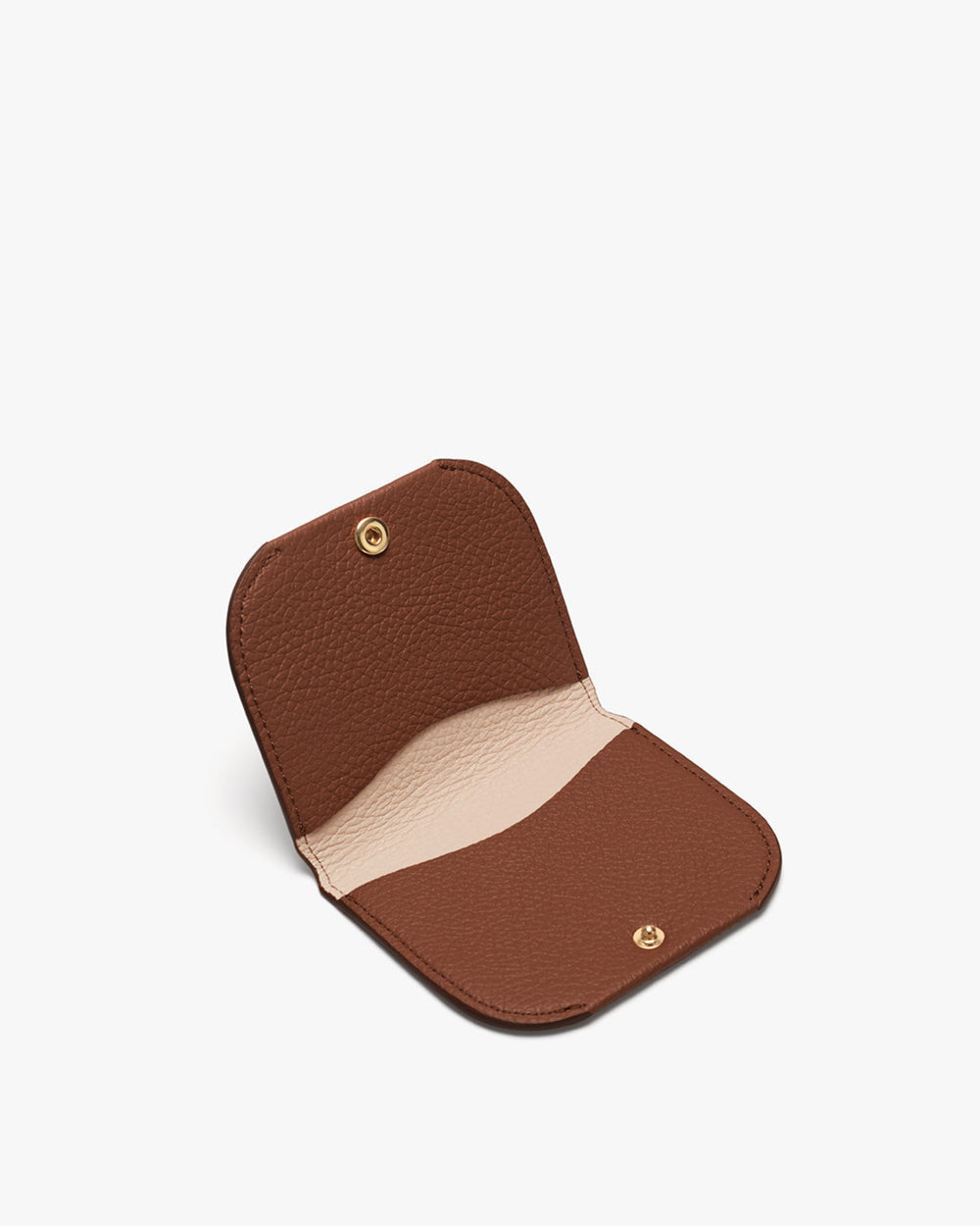 Small open wallet with button clasp and two sections.