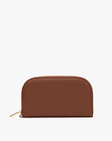 Rectangular leather zippered wallet with rounded top edge.