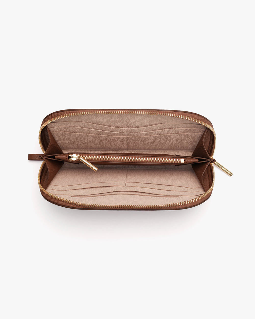 Open zippered wallet with multiple card slots and compartments.