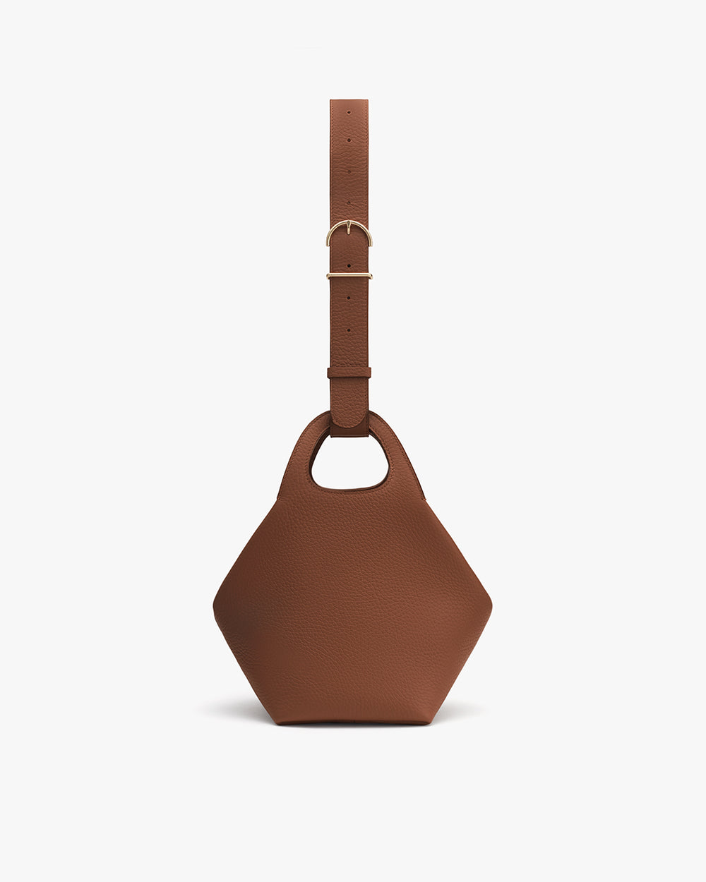 Hexagonal handbag with a round handle and adjustable strap.