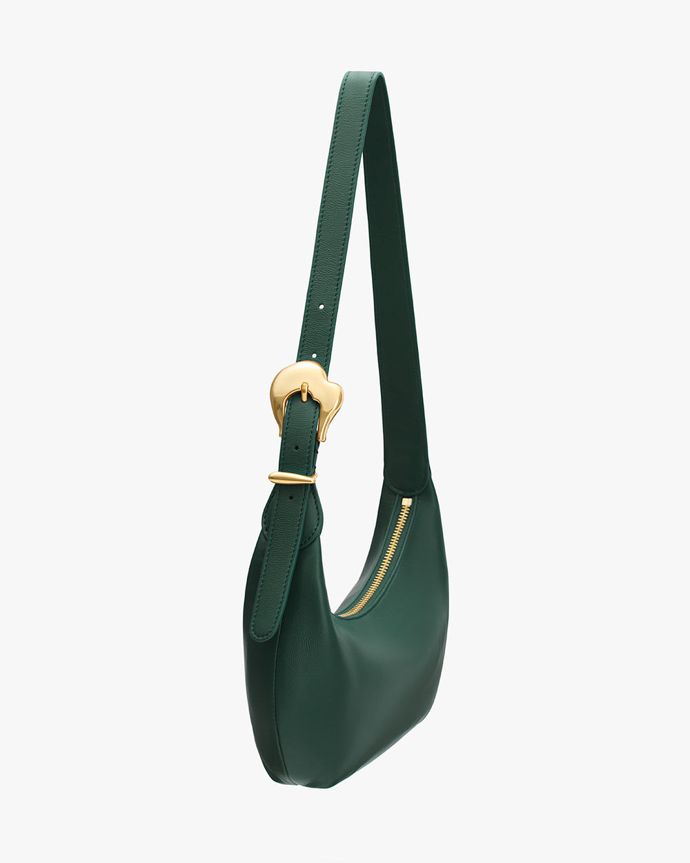 Shoulder bag with curved shape and side zipper.