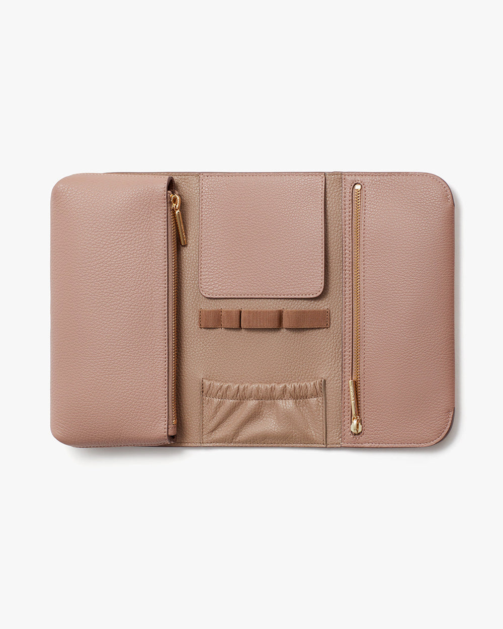 Open leather wallet with various compartments and zippers