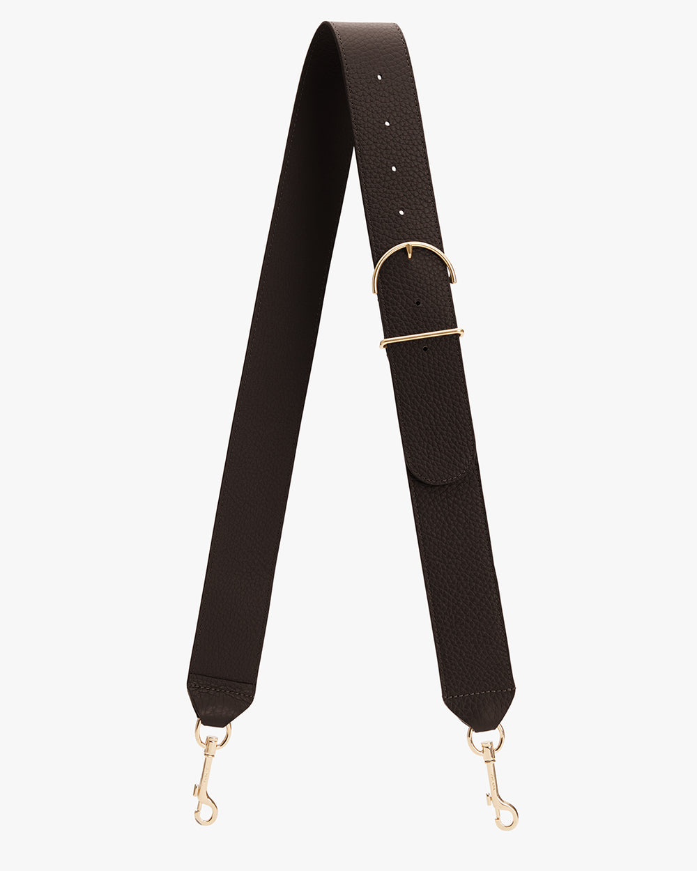 Bag strap with two metal clasps and adjustable buckle.