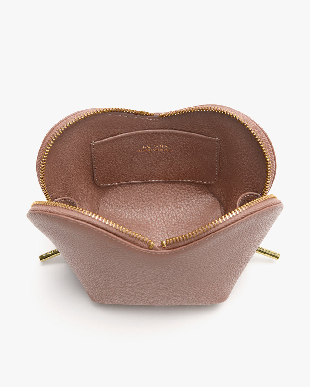 Open makeup bag with zipper and interior pocket visible