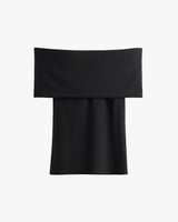 Off-the-shoulder black top displayed on a plain background