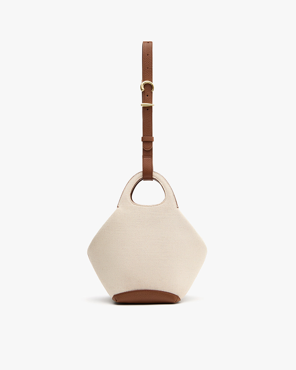 Handbag with a round handle and adjustable shoulder strap.