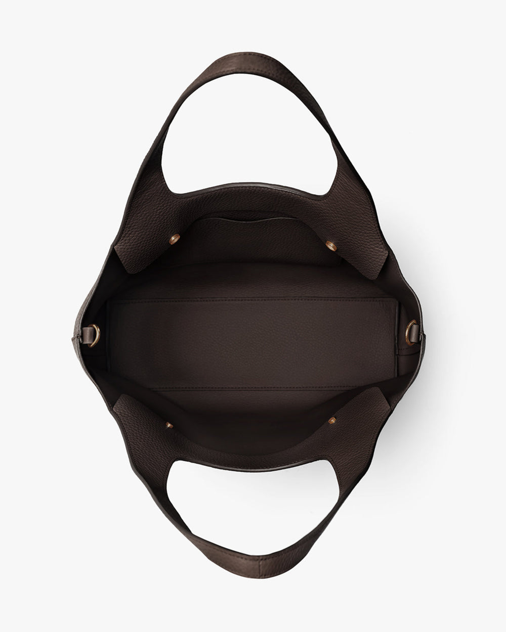 Open empty handbag with wide straps and buckle details seen from above.