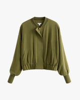 Front view of a long-sleeve bomber jacket with a zipper and two pockets.