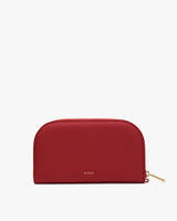 Semi-circle wallet with a zipper on the right side.