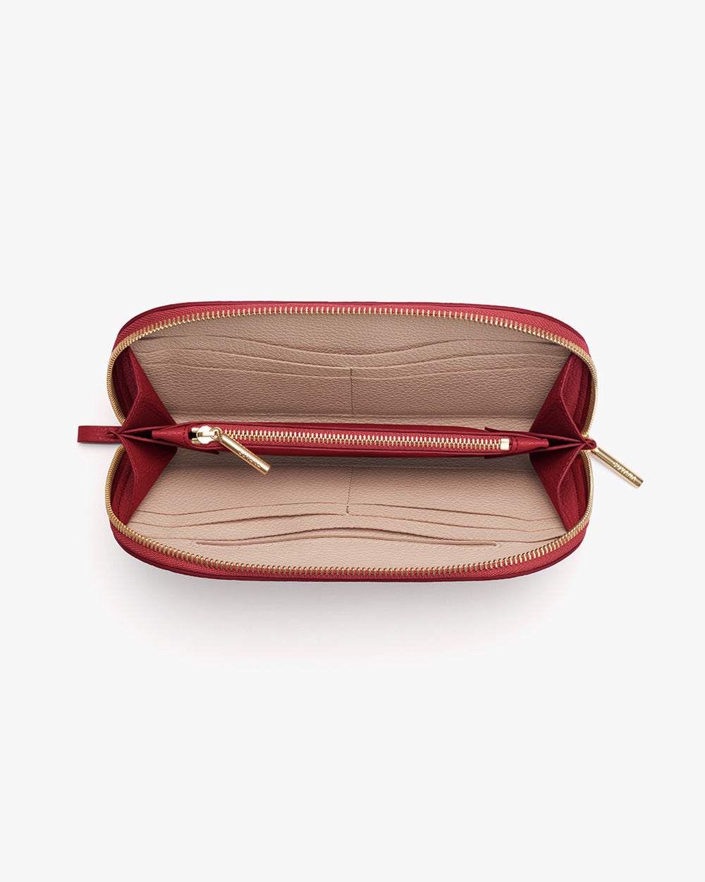 Open wallet with card slots and central zippered compartment.