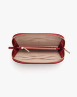 Open wallet with card slots and central zippered compartment.