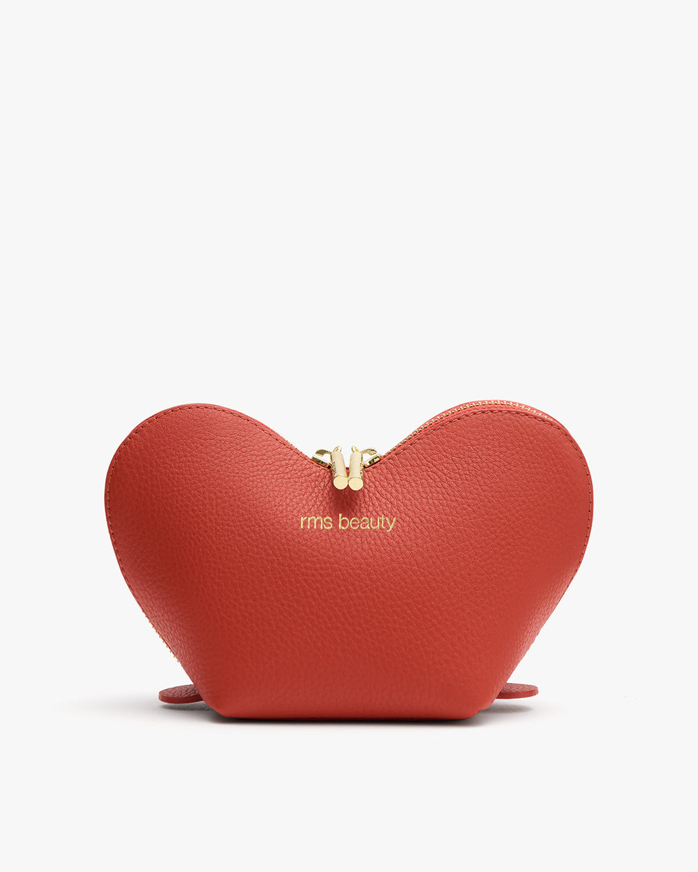 Heart-shaped pouch with zipper and embossed text on front.