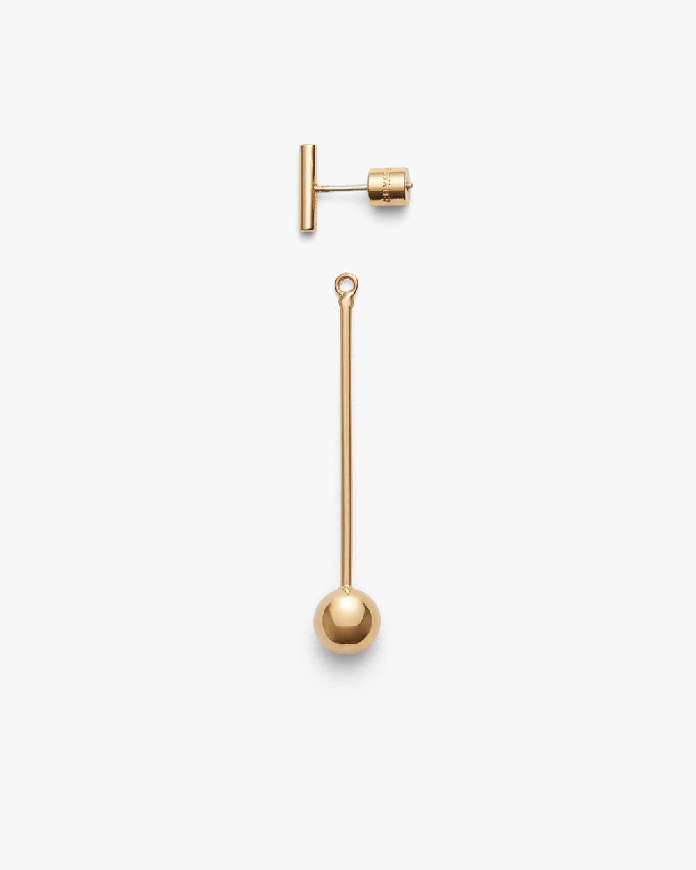Single stud earring with long drop chain and round ball end.