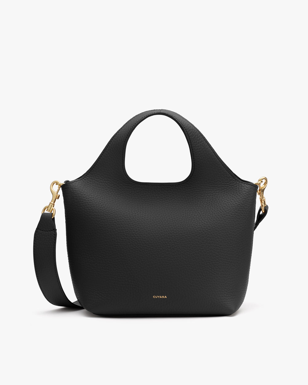 Handbag with rounded handles and a detachable shoulder strap.
