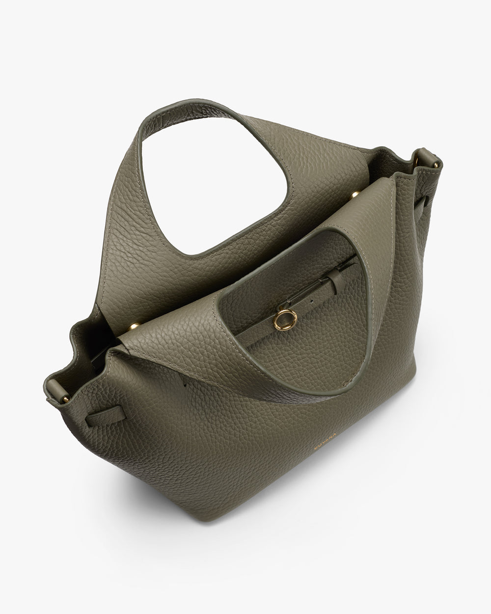Handbag with large handles and open pocket design.