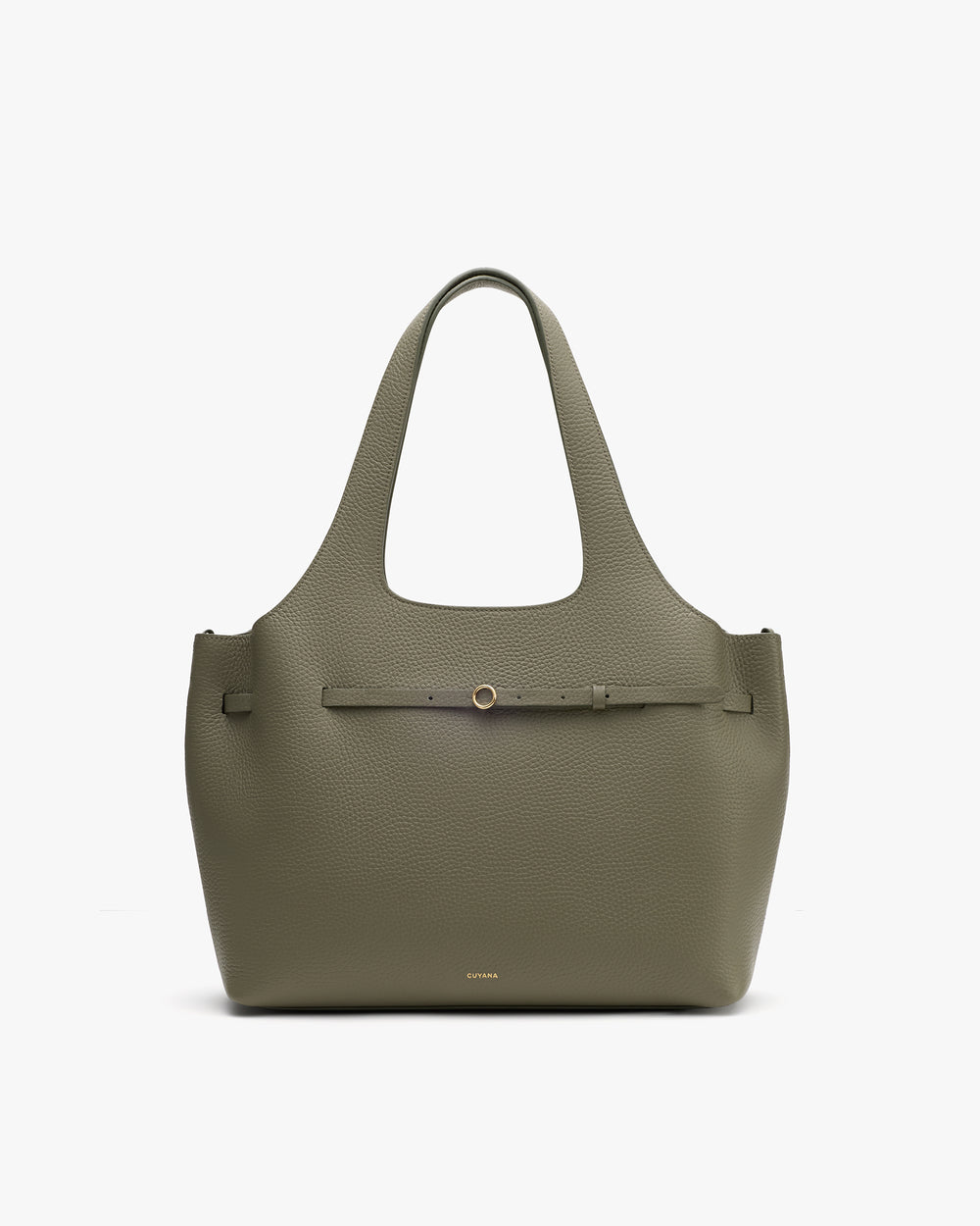Tote bag with belt detail in the center and two handles.