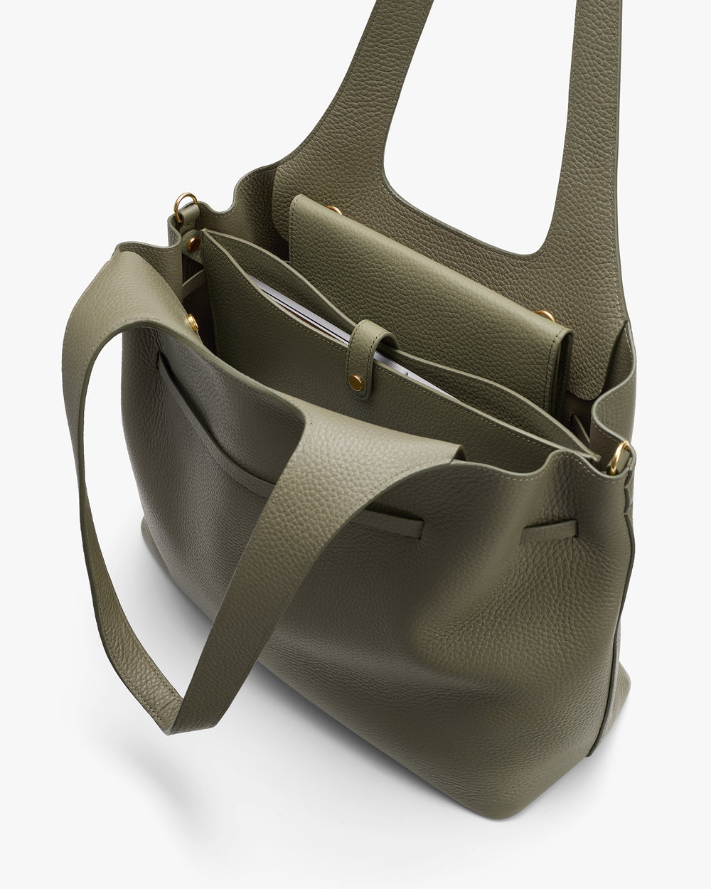 Handbag with shoulder straps and open compartments.