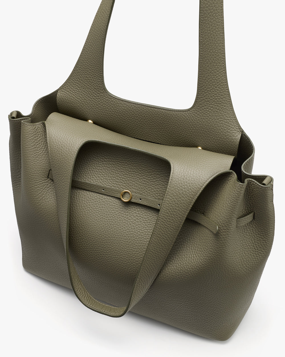 Tote bag with dual handles and front pocket, metal button closure.