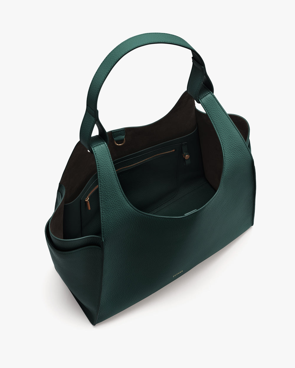 Handbag with wide straps and multiple compartments shown from top angle